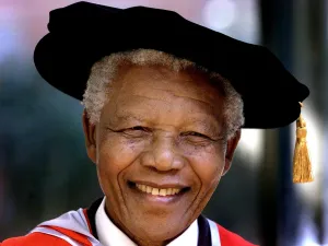 Former South African president and Nobel Peace Prize laureate Nelson Mandela wears Former South African president and Nobel Peace Prize laureate Nelson Mandela wears