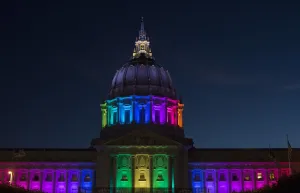Prints of San Francisco City Hall is lit up in rainbow colors following Gay Pride in San Francisco, California on Sunday, June, 26, 2016. / AFP PHOTO / Josh Edelson USA Prints: Us-Gay-Pride-Parade-San Francisco