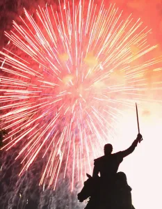 Prints of Fireworks light up the statue of Simon Bolivar during Independence Day celebrations on July 4, in Washington, DC. Independence Day celebrates the US declaring independence from Britain in 1776 USA Prints: Us-Independence Day-Fireworks