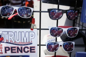 Prints of Souvenir sunglasses supporting Donald Trump are seen on the second day of the Republican Convention in Ohio. AFP/DOMINICK REUTER USA Prints: Usa-Trump-Sunglasses