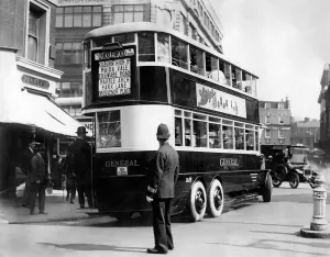 Six wheel pneumatic double decker omnibus pictured in the 1920s Six wheel pneumatic double decker omnibus pictured in the 1920s